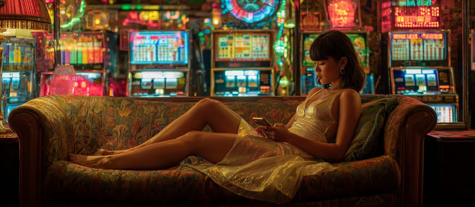 Elegant woman in golden dress using mobile phone while relaxing near slot machines at JE7777 Casino