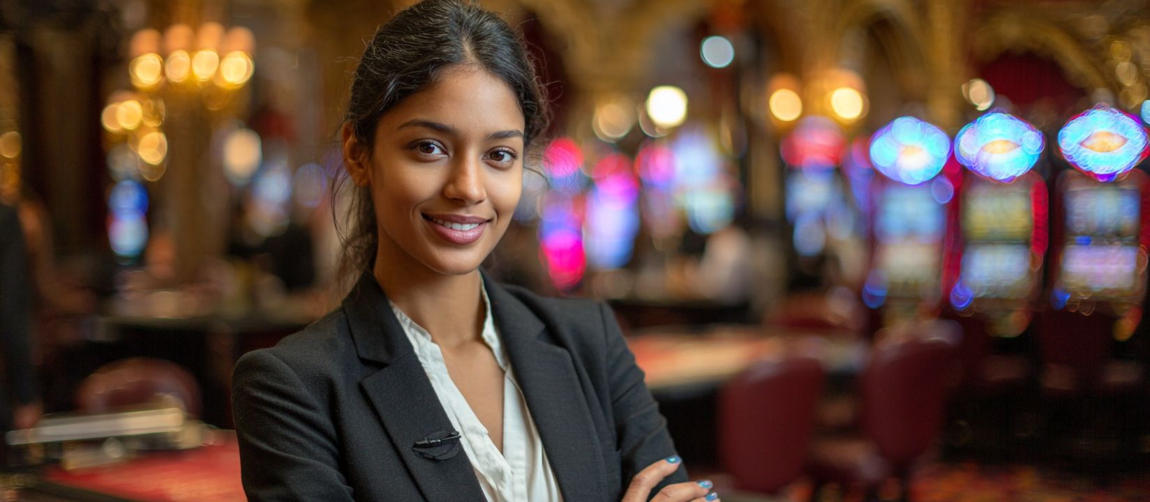 Enter JE7777 Casino and enjoy live gaming Confident casino hostess in black suit welcoming players with bright slot machines at JE7777