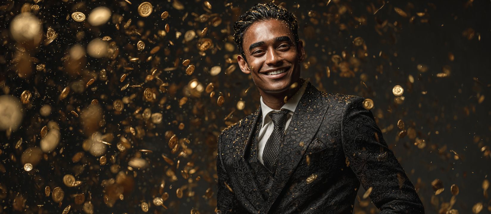 Stylish man in luxury suit smiling among golden coins symbolizing big wins at JE7777 Casino