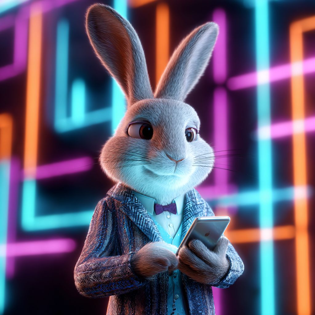 Lucky rabbit mascot in stylish suit using mobile app with neon lights at JE7777 Casino