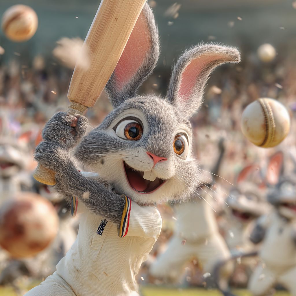 Cheerful rabbit mascot playing cricket with excitement at JE7777 sports betting arena
