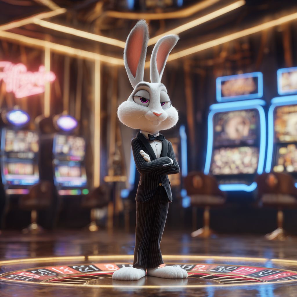 Play live casino games at JE7777 and feel the thrill Elegant rabbit mascot in tuxedo standing confidently at roulette table in JE7777 Casino