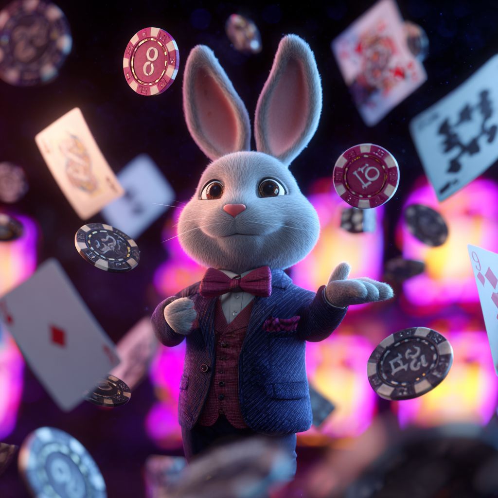 Charming rabbit mascot surrounded by poker chips and cards at JE7777 online casino