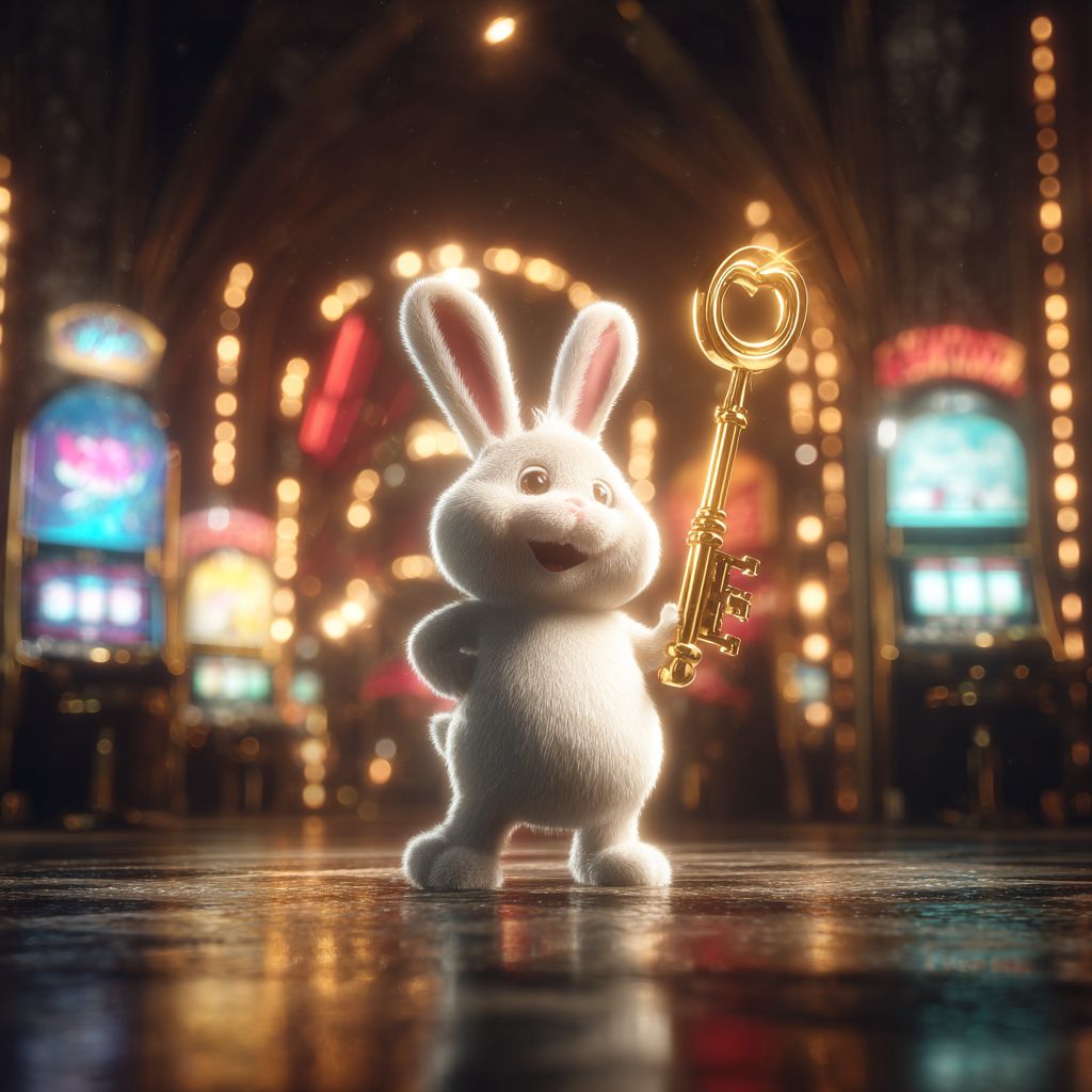 Cute rabbit mascot holding a golden key symbolizing secure login at JE7777 Casino