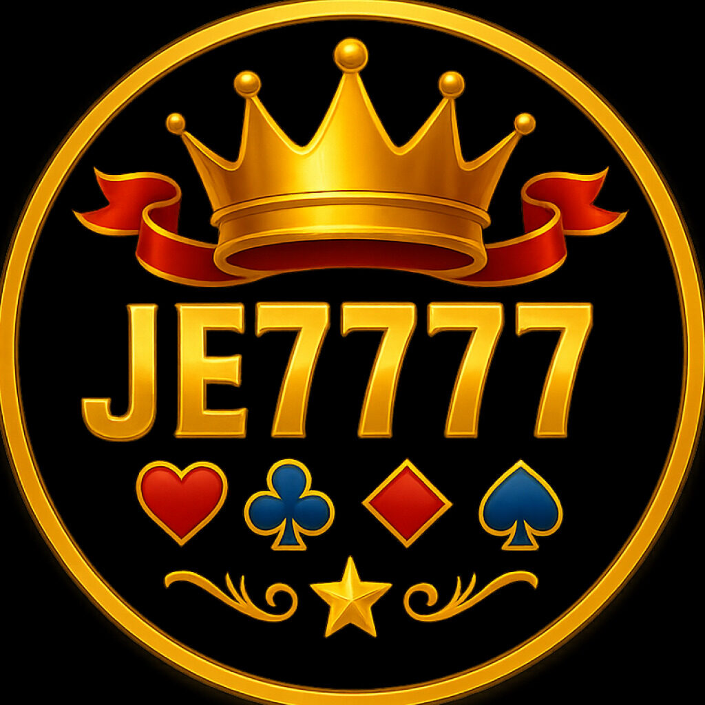 JE7777 golden crown logo with card symbols heart, club, diamond and spade