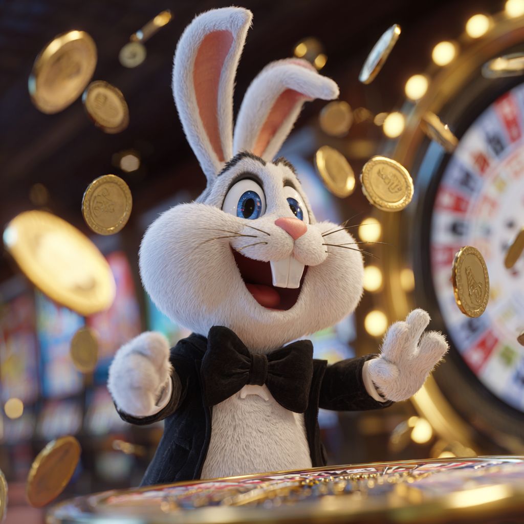 Happy rabbit mascot enjoying slot machines and golden coins at JE7777 Casino