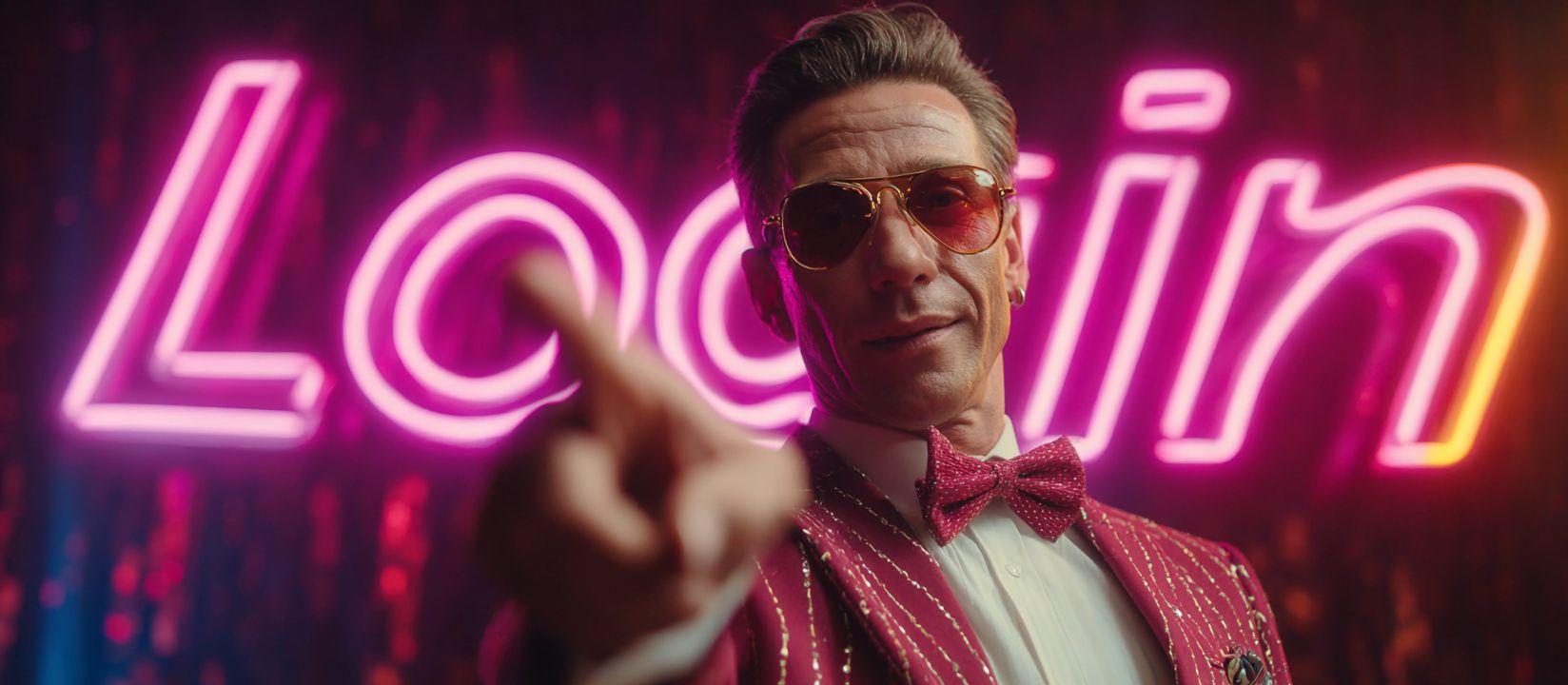 Stylish man in pink suit and sunglasses pointing at camera with neon Login sign at JE7777 Casino