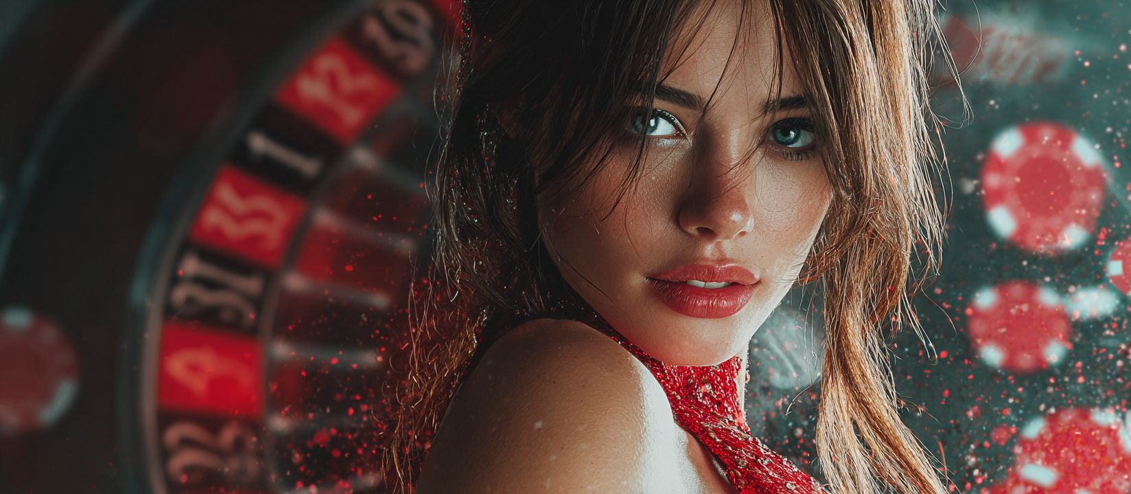 Glamorous woman in red dress posing near roulette wheel at JE7777 Casino with sparkling chips around