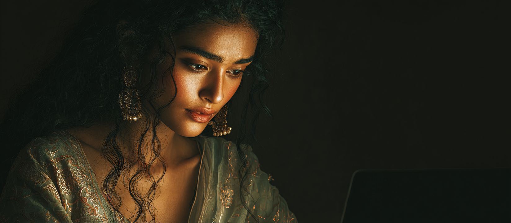 Beautiful woman focused on laptop screen while enjoying online games at JE7777 Casino