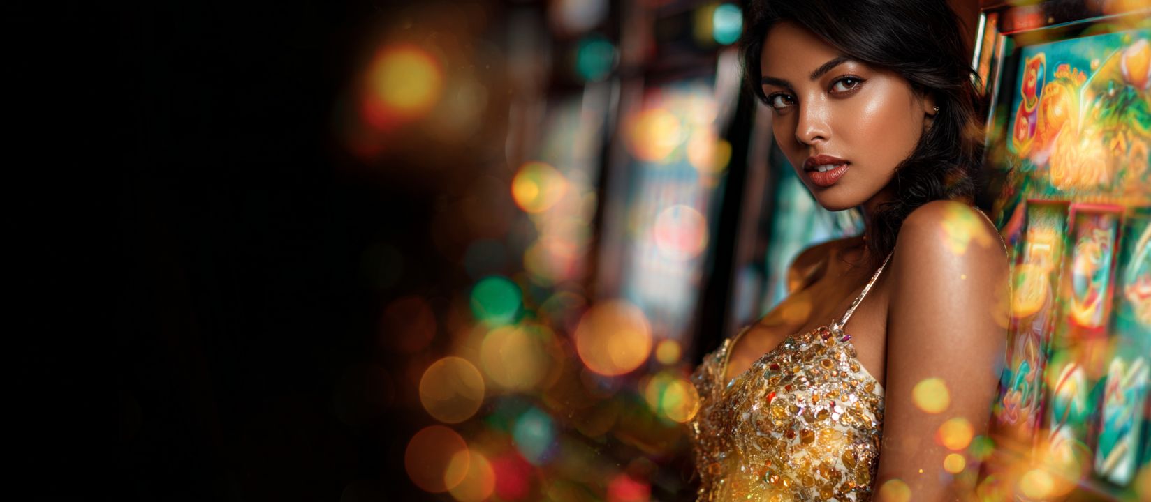 Beautiful woman in sparkling golden dress standing near slot machines at JE7777 Casino