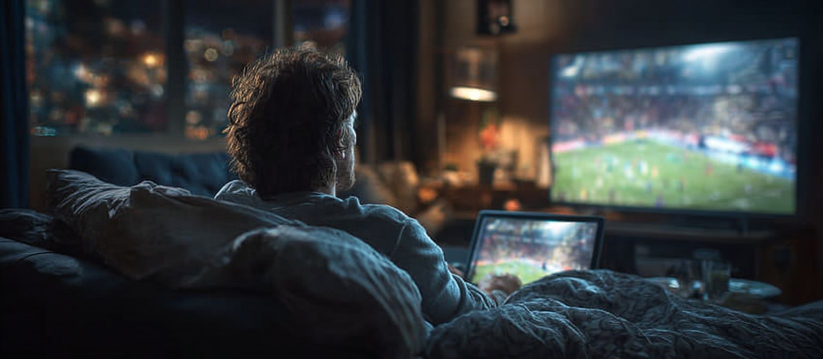 Man watching live football match on TV and betting online with laptop at JE7777 Sportsbook